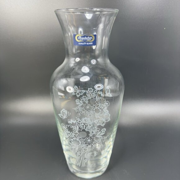 Pasabahce Glass Vase Vessel Tall Clear With White Floral Butterfly Pattern VTG - Picture 9 of 10